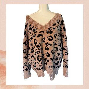 POL Tan Leopard Print Oversized Distressed Sweater